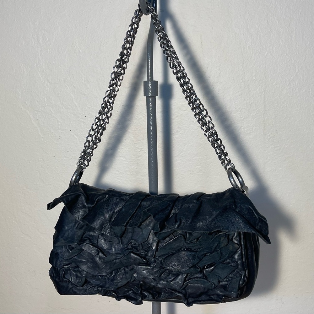 AllSaints Black Ruffled Leather Shoulder Bag Soft Leather Gunmetal Hardware
